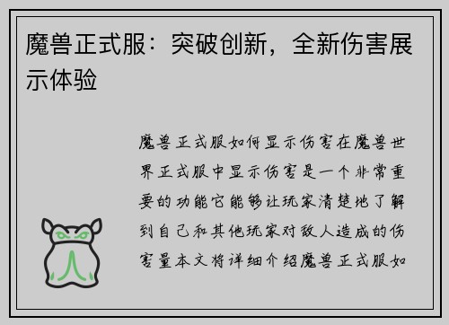 魔兽正式服:突破创新,全新伤害展示体验